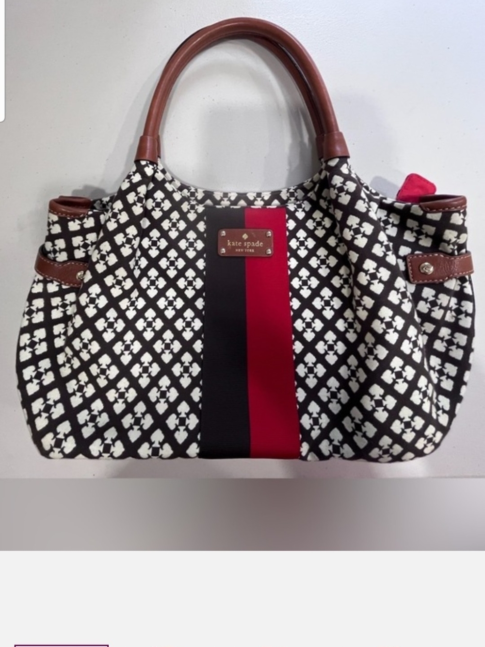 Kate Spade Black & White Patterned Tote with Red Stripe